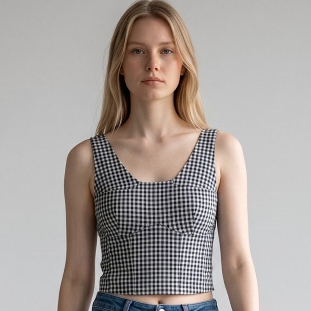 Cabi L Bombshell Tank Top Sleeveless Stretch Black White Gingham #6142